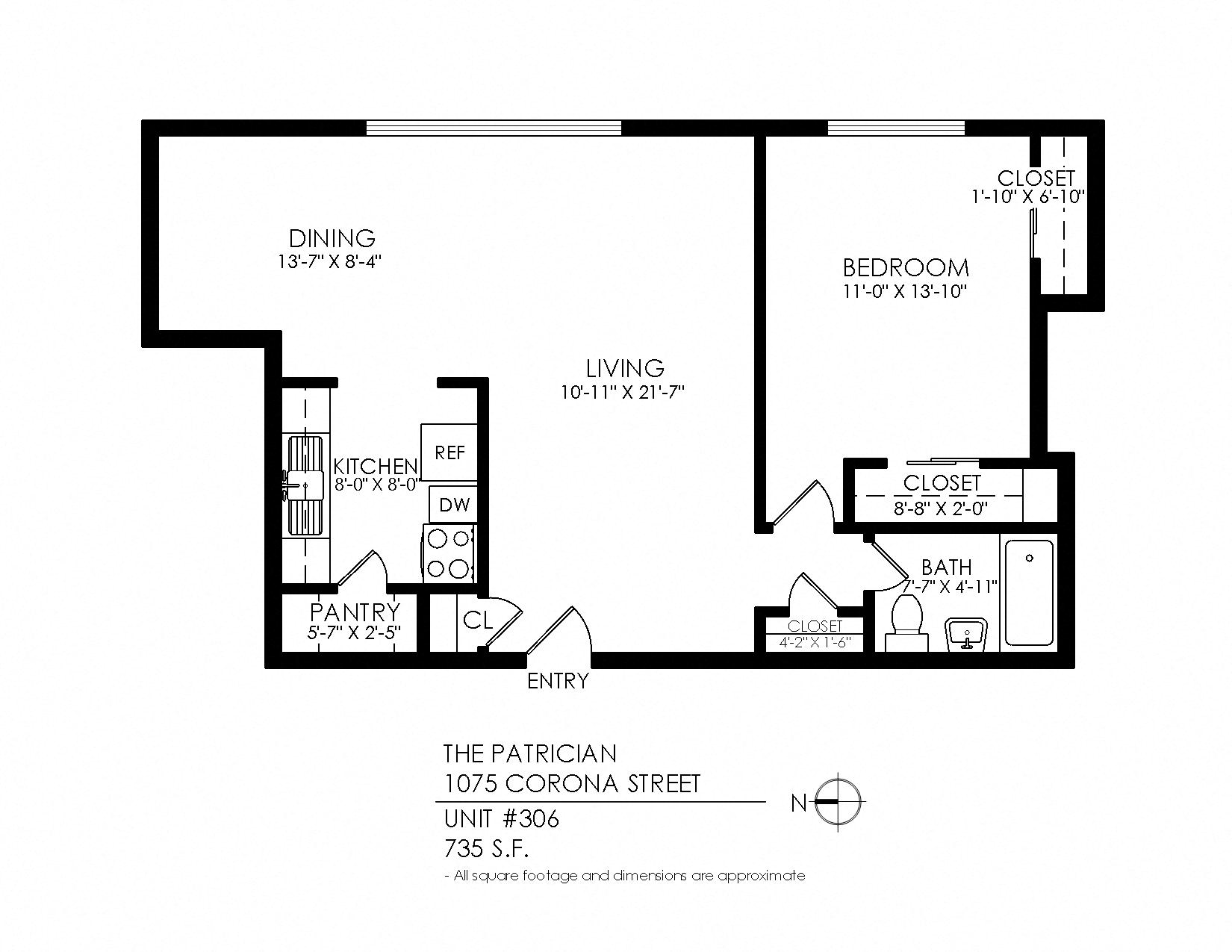 Floor plan for 1 bed, 1 bath, 665 sqft